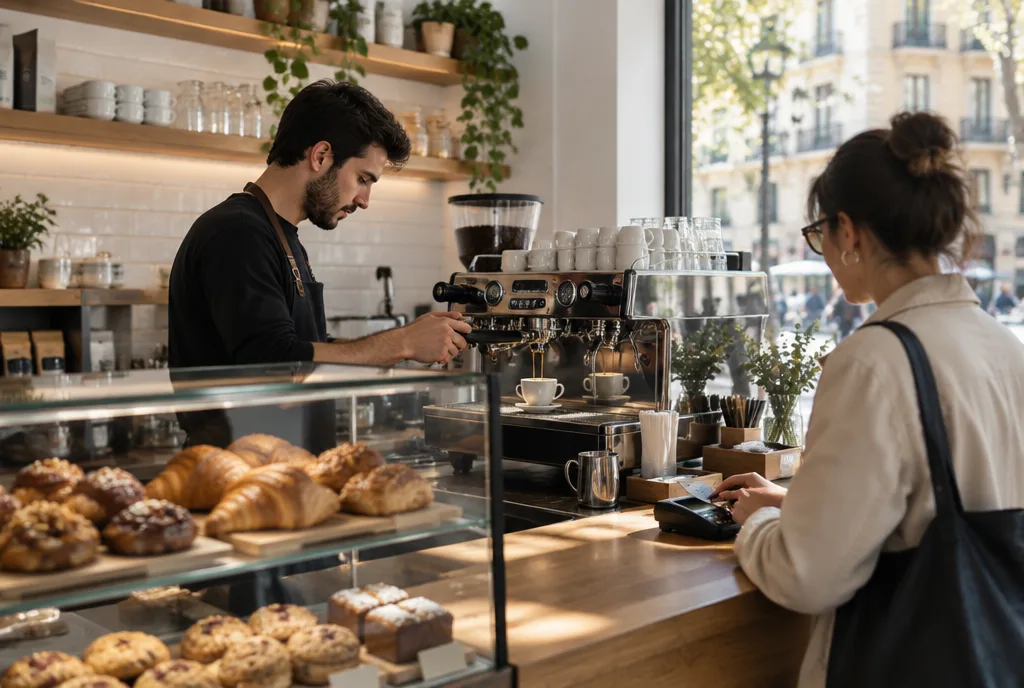Barista preparando un café detrás de la barra mientras una clienta paga en el mostrador