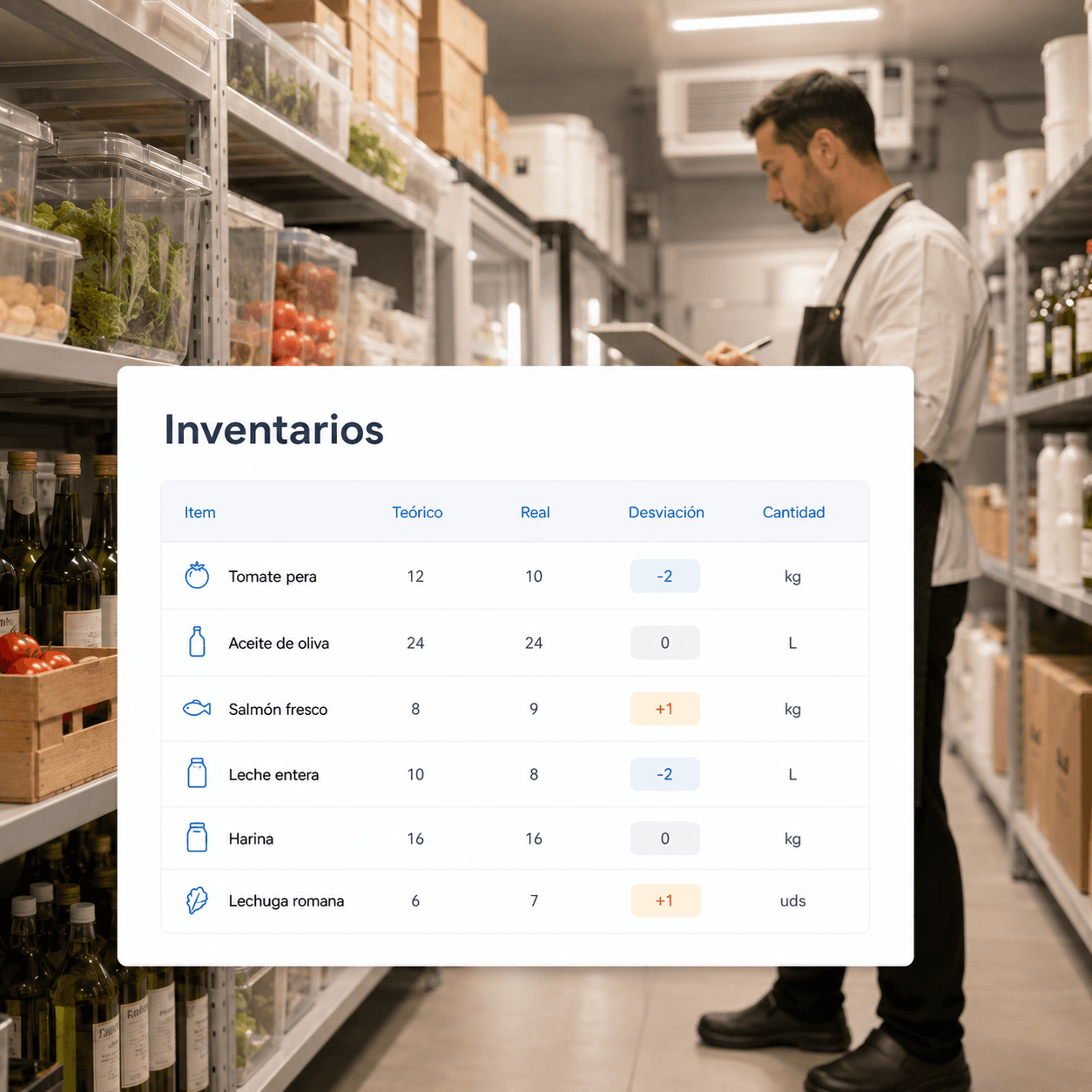 Recuento de inventario comparando stock teórico y real con su desviación por ingrediente