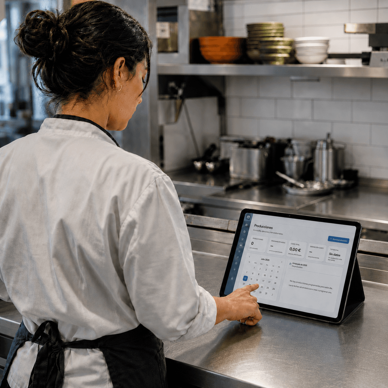 Pantalla de producciones en la tablet del obrador con calendario, coste y rendimiento