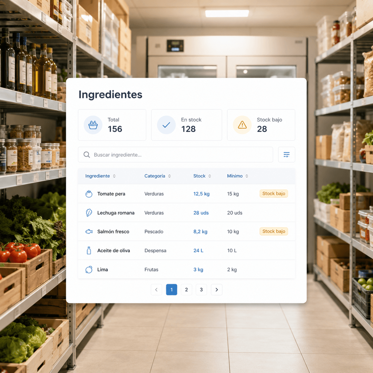 Listado de ingredientes con su stock, mínimo y avisos de stock bajo