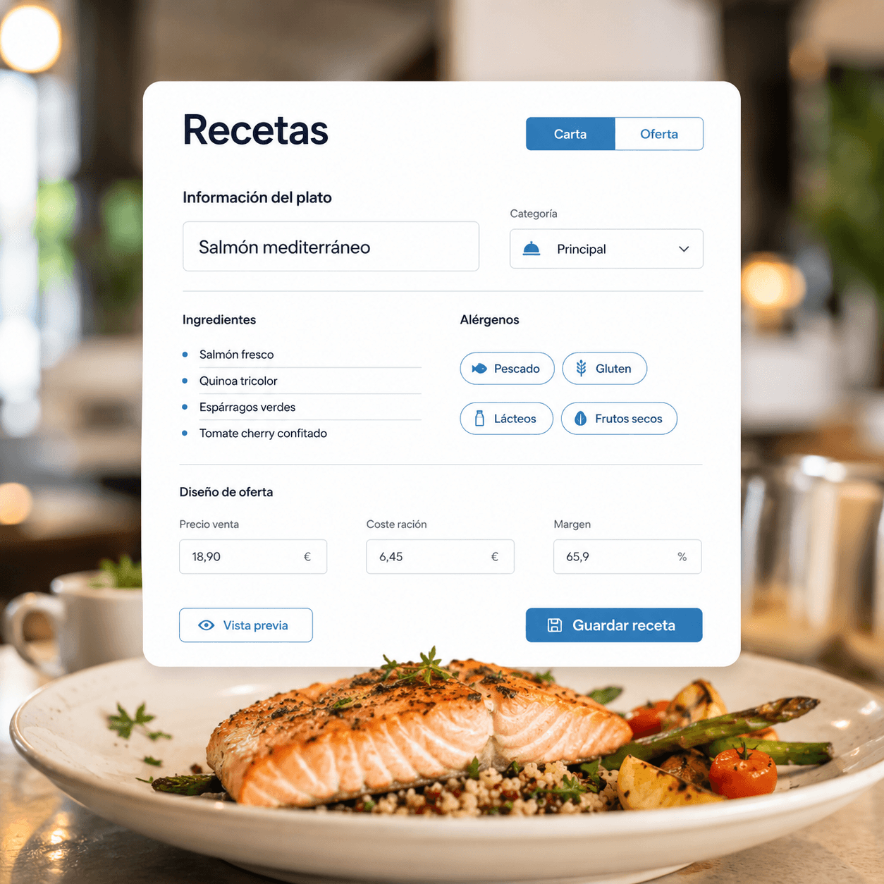 Ficha de una receta con sus ingredientes, alérgenos, precio de venta, coste y margen