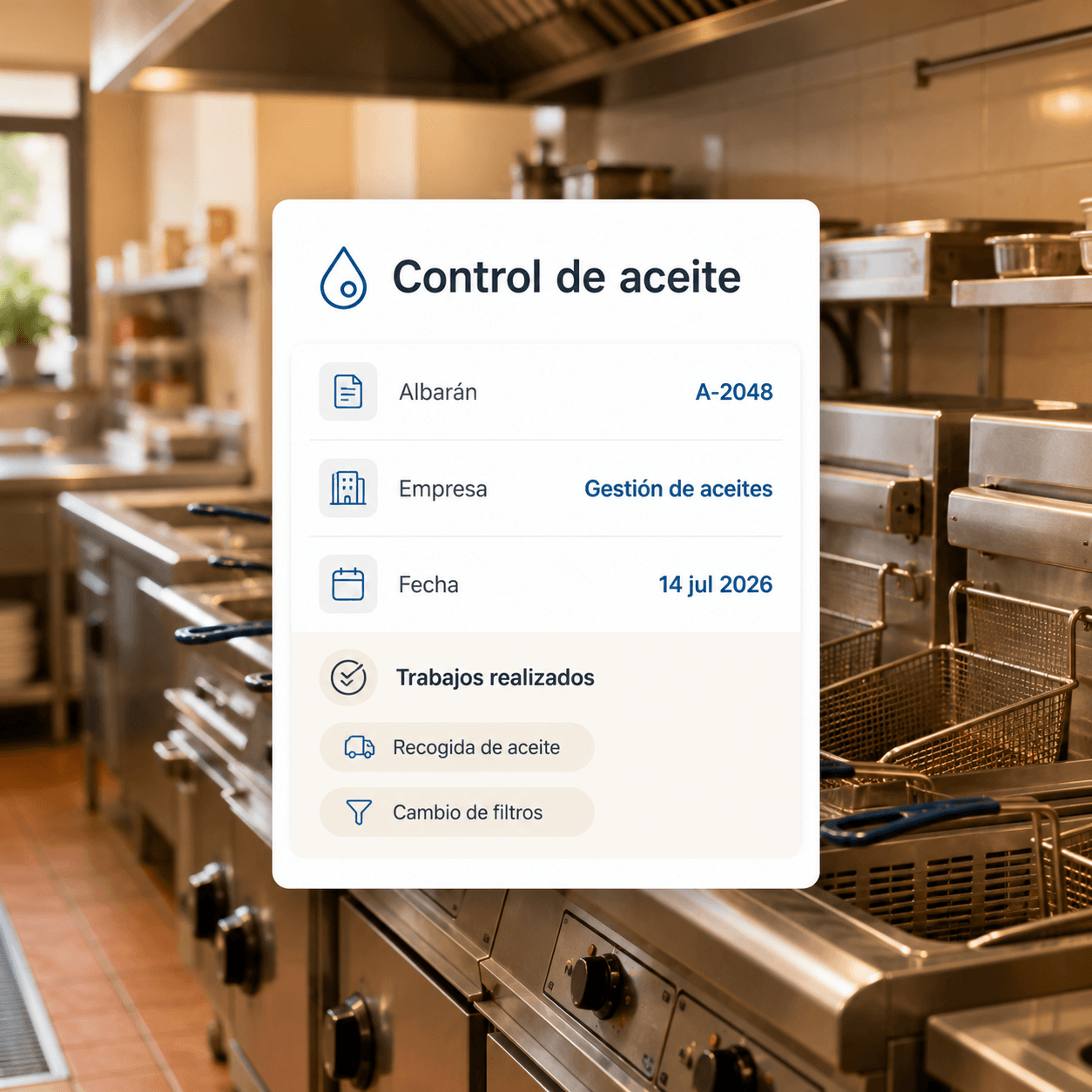 Ficha de control de aceite con albarán, empresa gestora y trabajos realizados