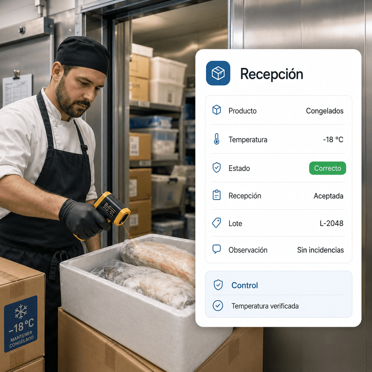 Control de recepción de congelados con temperatura verificada y recepción aceptada