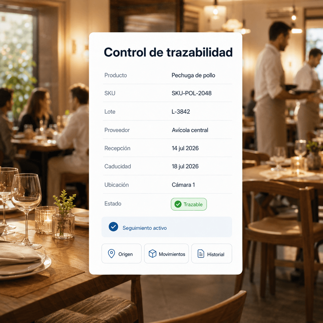 Ficha de trazabilidad de un producto con lote, proveedor, caducidad y ubicación