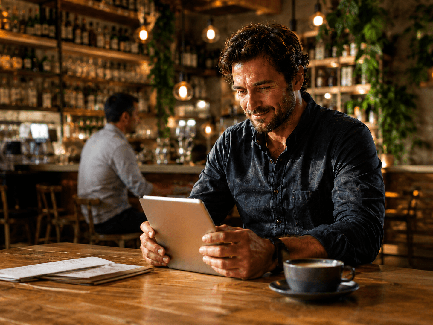 Gerente de restaurante consultando la rentabilidad de su local en una tablet